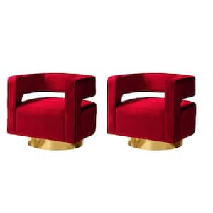 Gustaf Contemporary Red Velvet Comfy Swivel Barrel Chair with Open Back and Metal Base (Set of 2)
