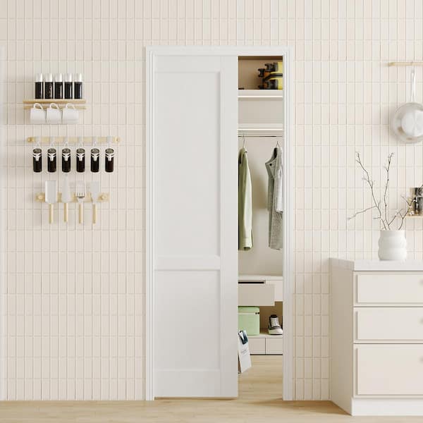 30 in. x 80 in. White Primed Composite Sliding Pocket Door, 2-Panel Core Door Slab with Soft Close, Frame and Hardware