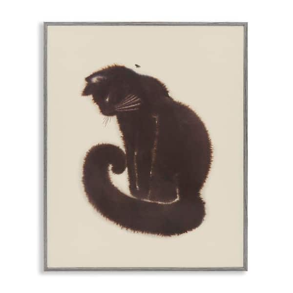 Stupell Industries Sitting Cat Curved Tail by Grace Popp Gray Framed Animal Giclee Art Print 20 in. x 16 in.
