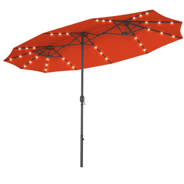 ANGELES HOME 15 ft. Steel LED Solar Market Patio Umbrella without Weight Base in Orange