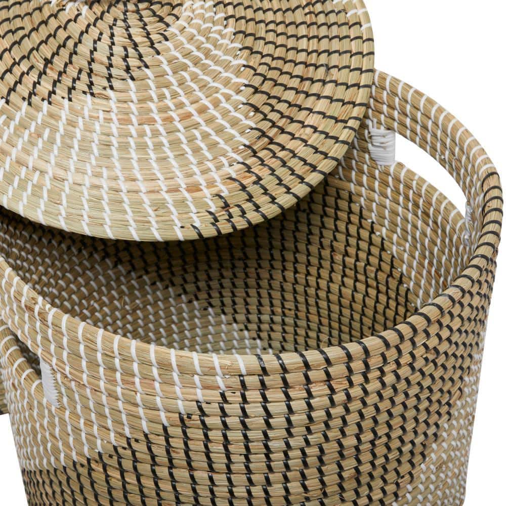 Handmade Two-Toned Seagrass Round Storage Baskets with Lids