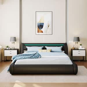 65.70 in. W Queen Upholstered Leather Platform bed in Black with a Hydraulic Storage System, LED Light Headboard