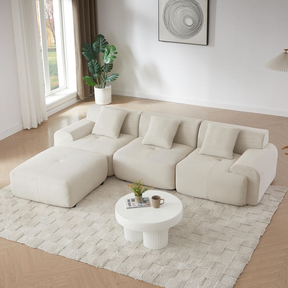 Bonnie 113 in. 4-Piece Corduroy Modular Compressed Sectional Sofa in. Beige with Ottoman and Pillows
