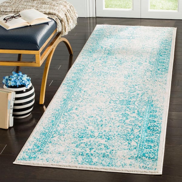 Adirondack Ivory/Teal 3 ft. x 12 ft. Border Distressed Runner Rug