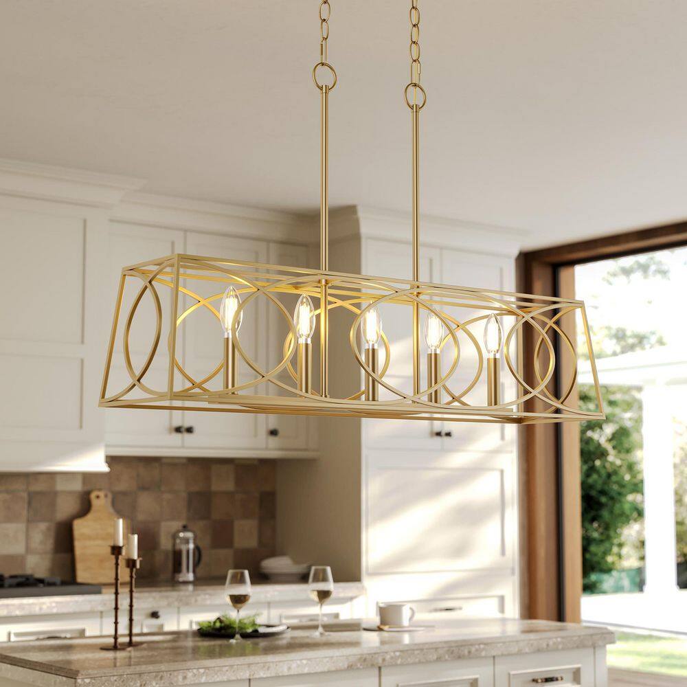 36.1 in. 5-Light Gold Rectangular Chandelier with Metal Caged Shade, Farmhouse Pendant for Kitchen, Living Room, Foyer price history on PriceWatchPro