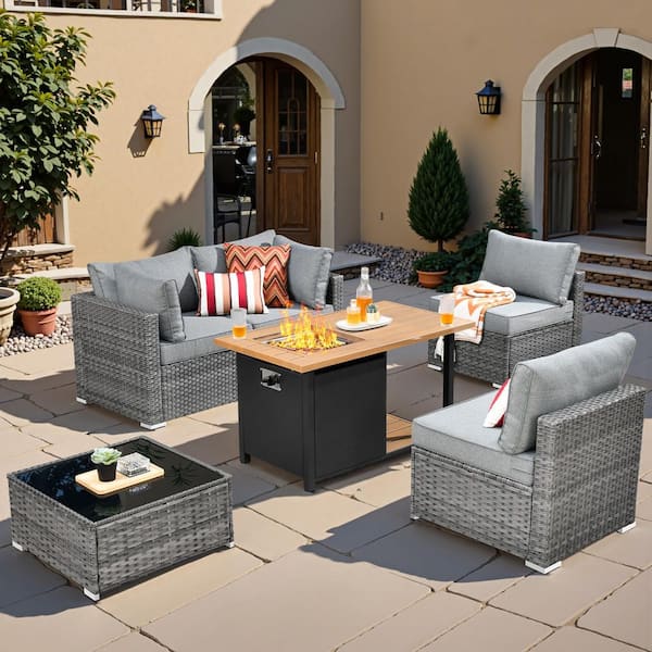 Toject Sanibel Gray 6-Piece Wicker Outdoor Patio Conversation Sofa Sectional Set with a Storage Fire Pit and Dark Gray Cushions