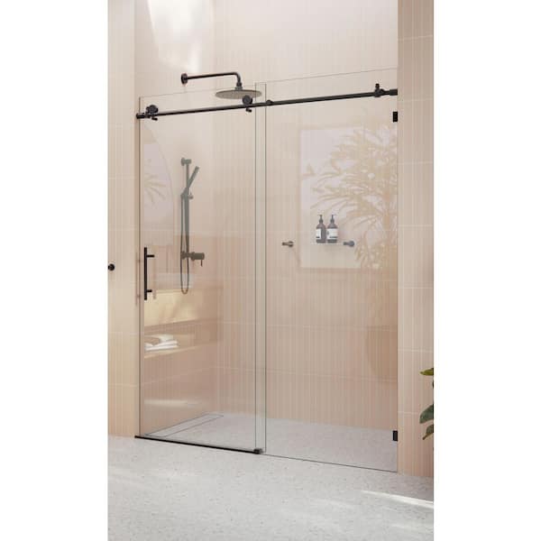 60 in. - 64 in. x 78 in. Frameless Sliding Shower Door in Matte Black with Handle