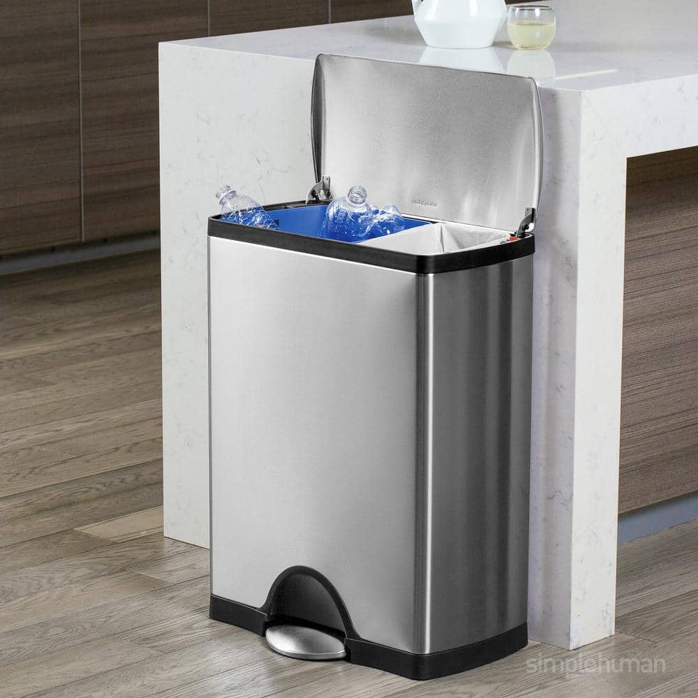 Brushed Stainless Steel Dual Compartment Recycling Kitchen Trash Can