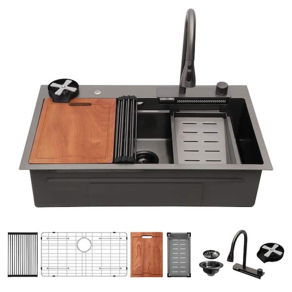 Loile 33 in. Drop-In Workstation Single Bowl 16 Gauge T-304 Stainless Steel Kitchen Sink in Gunmetal Black with Faucet