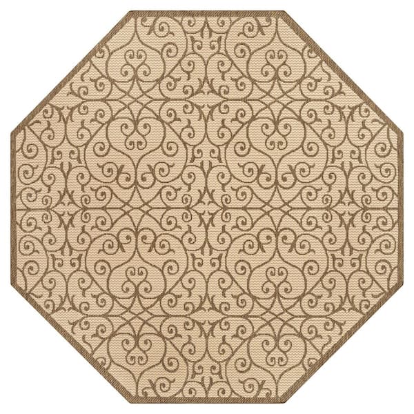 Madrid Vintage Filigree Textured Weave Beige/Brown 8 ft. Octagon Indoor/Outdoor Area Rug