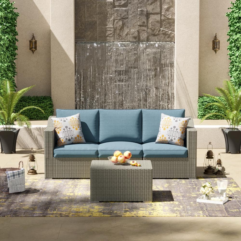 Corvus 3-Person Grey Wicker Sofa Set with Blue Cushions