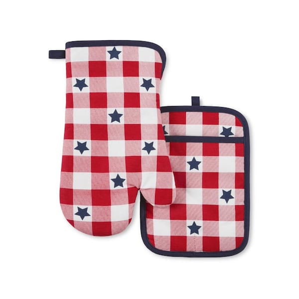 MARTHA STEWART Red and White American Stars Gingham Cotton Oven Mitt Potholder Set (Set of 2)