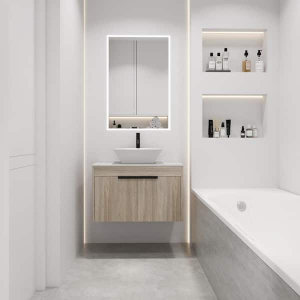 Unbranded 30 in. W x 19 in. D x 24 in. H Single Sink Floating Bath Vanity in White Oak with White Ceramic Top