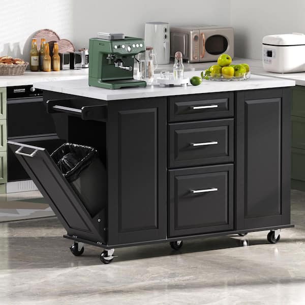 Classic Black Wood MDF 50.7 in. W Kitchen Island with Storage Tilt