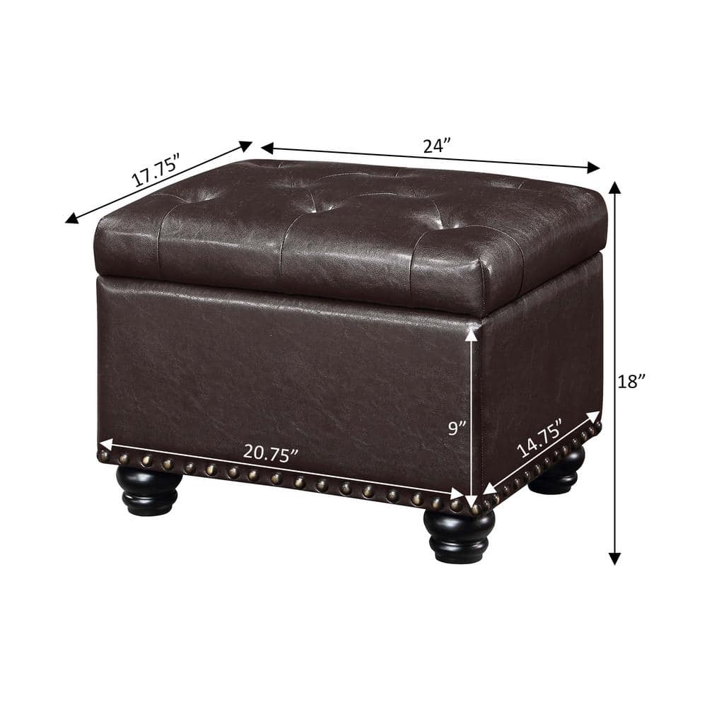 Espresso Faux Leather Tufted Storage Ottoman with Nailhead Trim