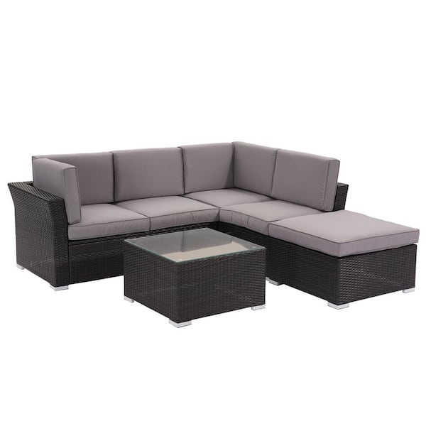 Brown 4 Pieces Wicker Outdoor Patio Conversation Set with Gray Cushions ...