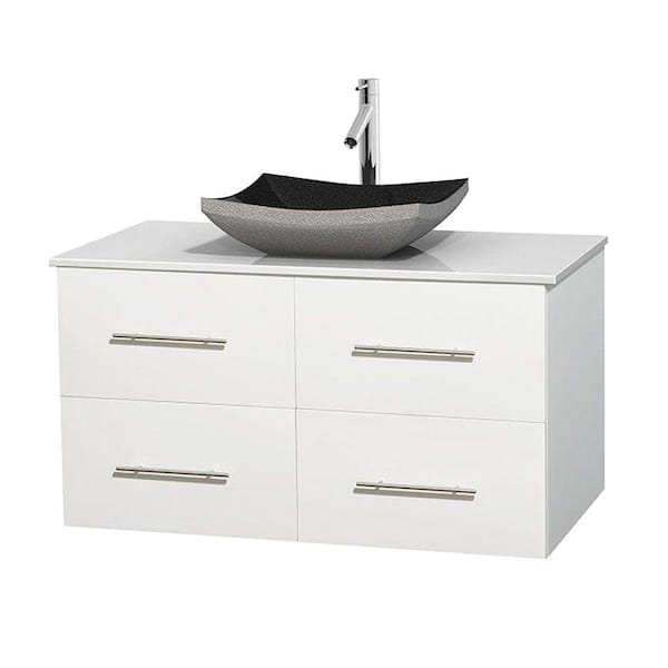 Wyndham Collection Centra 42 in. Vanity in White with Solid-Surface Vanity Top in White and Black Granite Sink