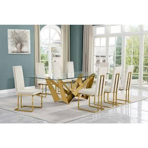 Meryl 9-Piece Rectangular Glass Top Gold Stainless Steel Dining Set With 8 Cream Velvet Gold Chrome Iron Chairs