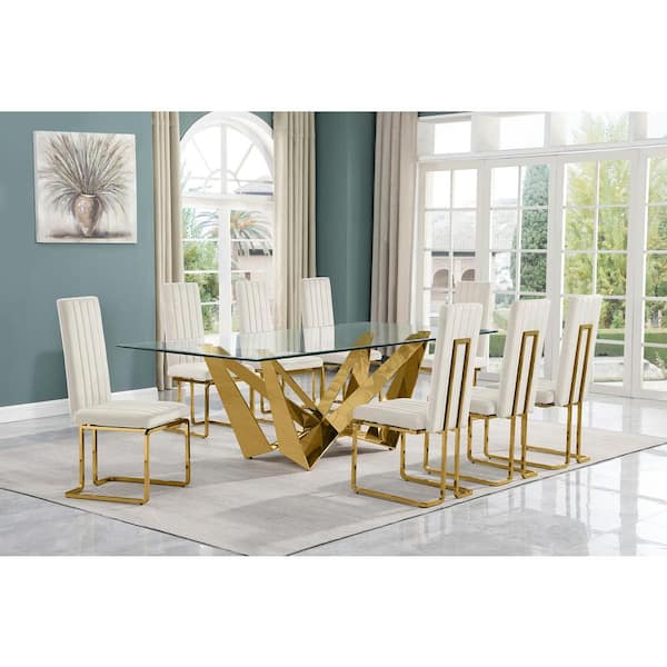 Best Quality Furniture Meryl 9-Piece Rectangular Glass Top Gold Stainless Steel Dining Set With 8 Cream Velvet Gold Chrome Iron Chairs