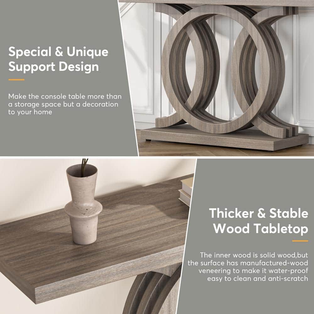 Gray 55" Geometric Base Wooden Console Table with Storage