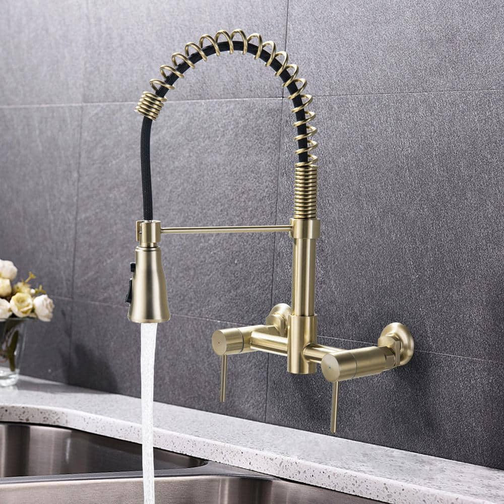 Brushed Gold Wall-Mounted Kitchen Faucet with Pull-Out Spray
