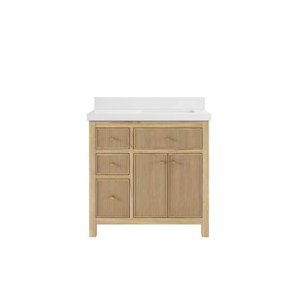 Willow Collections Sonoma Teak 36 in. W x 22 in. D x 36 in. H Right Offset Sink Bath Vanity in Light Teak with 2 in. White Qt. Top