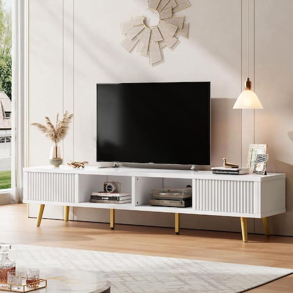 Bestier 71 in. Modern Glossy White TV Stand with LED Light and Sliding Door Cabinet Fits TV Up to 75 in. Entertainment Center