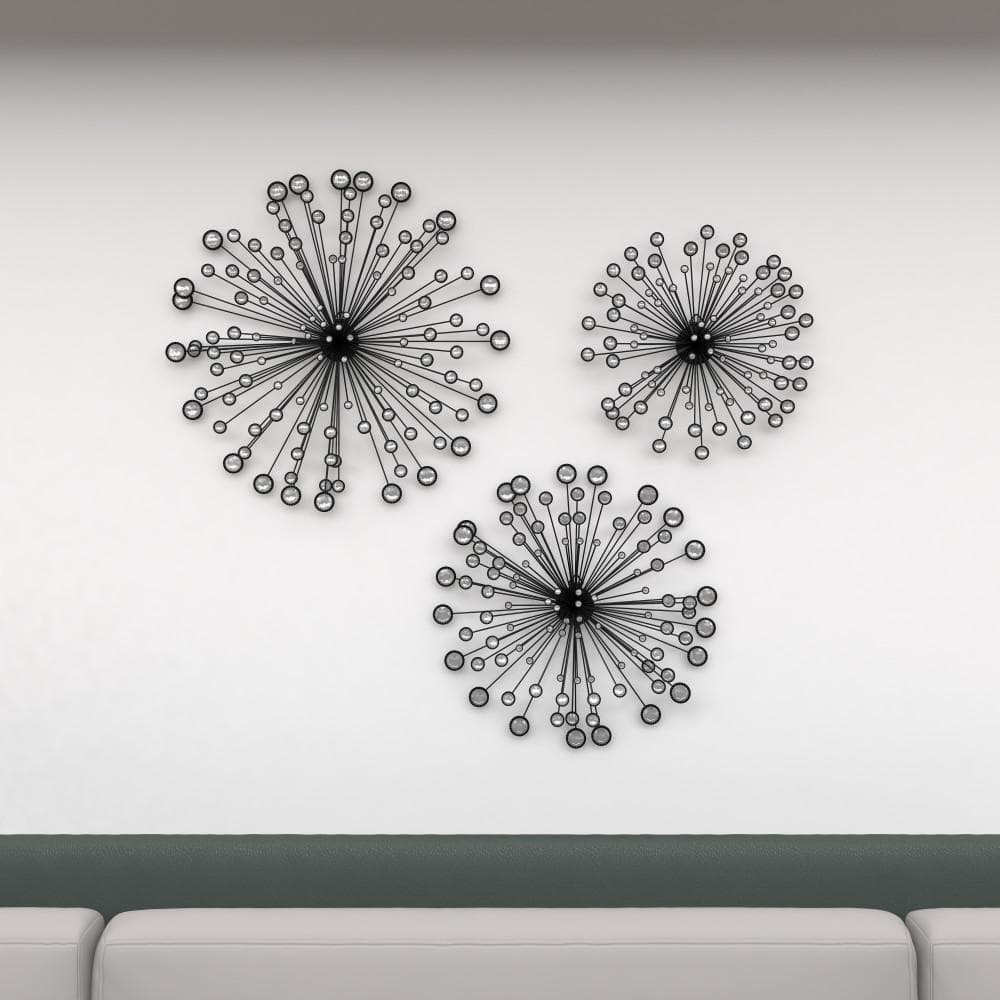 Black Metal Starburst Wall Sculpture Set with Crystal Embellishments