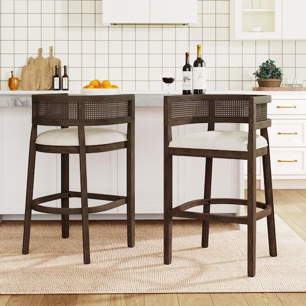 CHRISTOPHER KNIGHT HOME Elev 29.5 in. Solid Wood and Fabric Upholstered Bar Stools with Rattan Backrest Footrest Beige Plus Walnut (Set of 2)