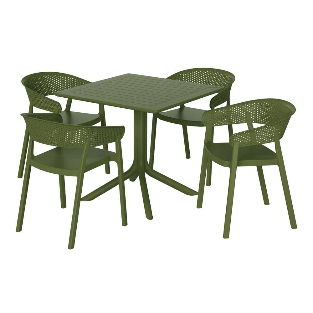 Frond and Form Olive Green Plastic All Weather 5Piece Square Table Modern Outdoor Patio Dining Set w/ 4 Stackable Chairs price history on PriceWatchPro