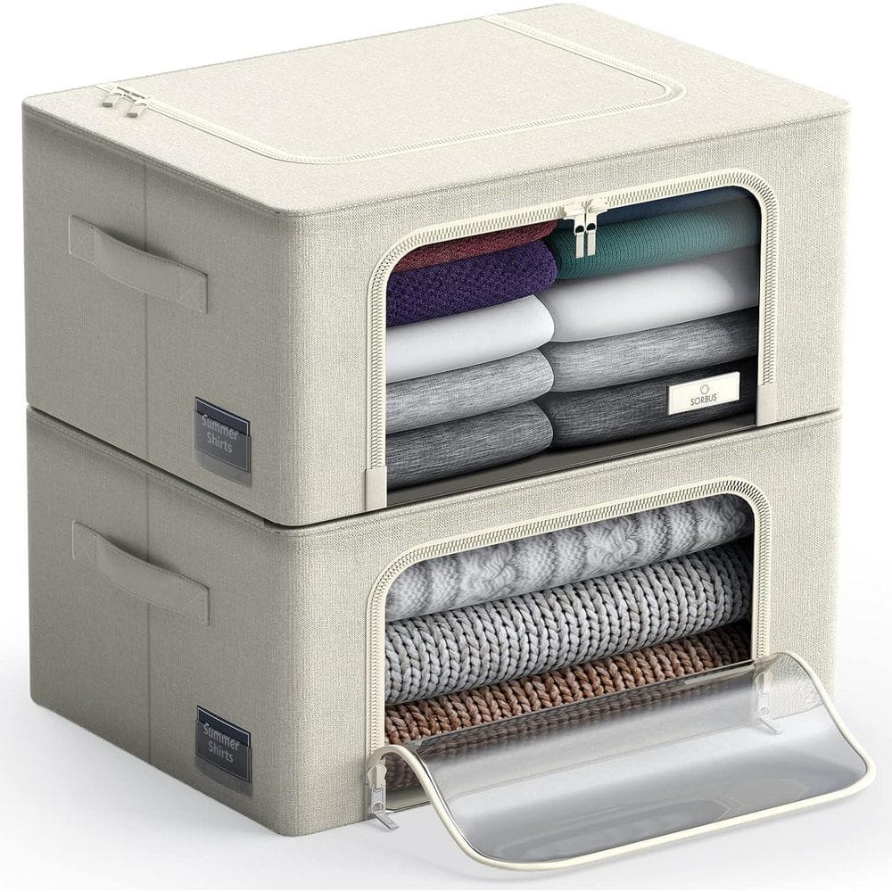 Storage Bins, Organizers with Metal Frame, Handles, and Window, Beige15.75 