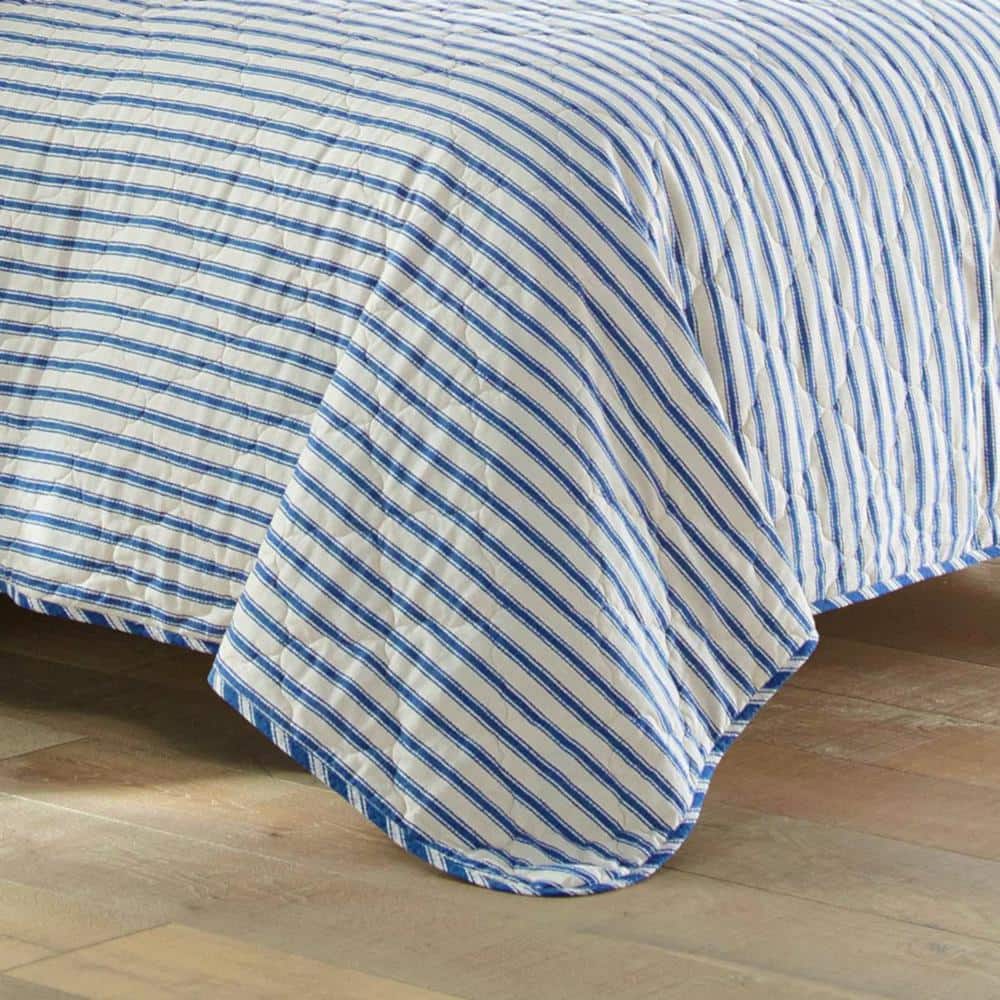 Ivory and Blue Striped Cotton Twin Quilt Set