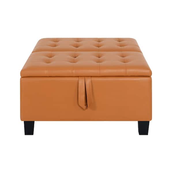 HOMESTOCK Caramel, Folding Storage Ottoman, Upholstered Leather Ottoman Coffee Table, Large Ottoman with Storage for Living Room