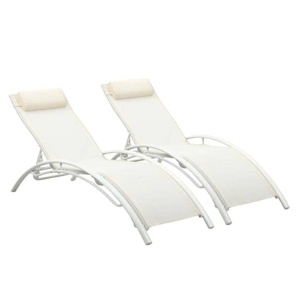 Zeus & Ruta 72 in. Outdoor Lounge Chair Lounger Recliner Chair for Patio Lawn Beach Pool Side Sunbathing in White Set of 2