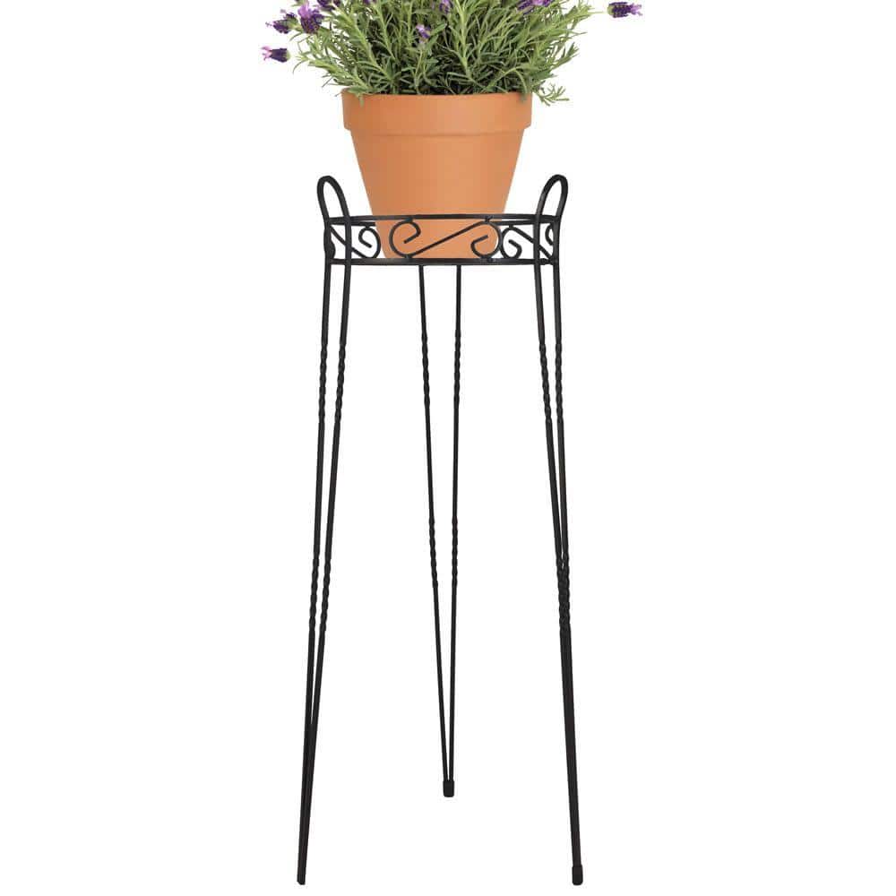 Canterbury Scroll Top Textured Black Metal Outdoor Plant Stand, 30"