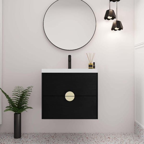 FUNKOL 23.8 in. W x 21.4 in. H Black Wall-Mounted Plywood Bathroom Cabinet with White Ceramic Sink and Soft-Close Drawers