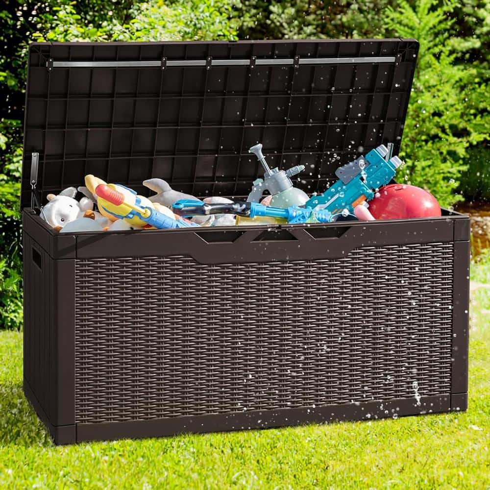Large Dark Brown Resin Wicker Lockable Deck Box with Cushion