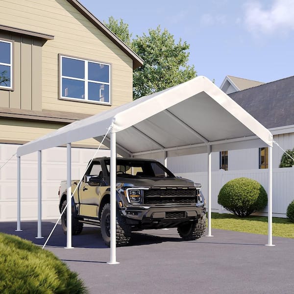 10 ft. W x 20 ft. D White Soft Top Carport with Steel Frame, Ideal for Outdoor Vehicle Protection