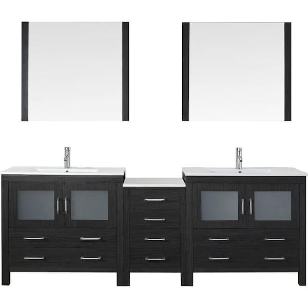 Virtu USA Dior 90 in. W Bath Vanity in Zebra Gray with Ceramic Vanity Top in White with Square Basin and Mirror