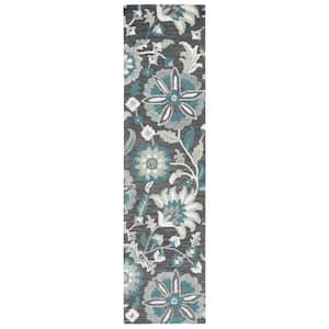 Blossom Gray/Blue 2 ft. x 9 ft. Floral Scroll Runner Rug