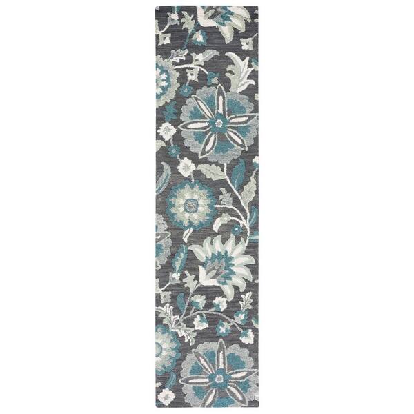 SAFAVIEH Blossom Gray/Blue 2 ft. x 9 ft. Floral Scroll Runner Rug