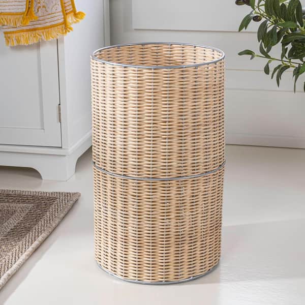Cecil Modern 4.13 Gal. Natural Wicker Cylinder Waste Basket, Natural/Silver