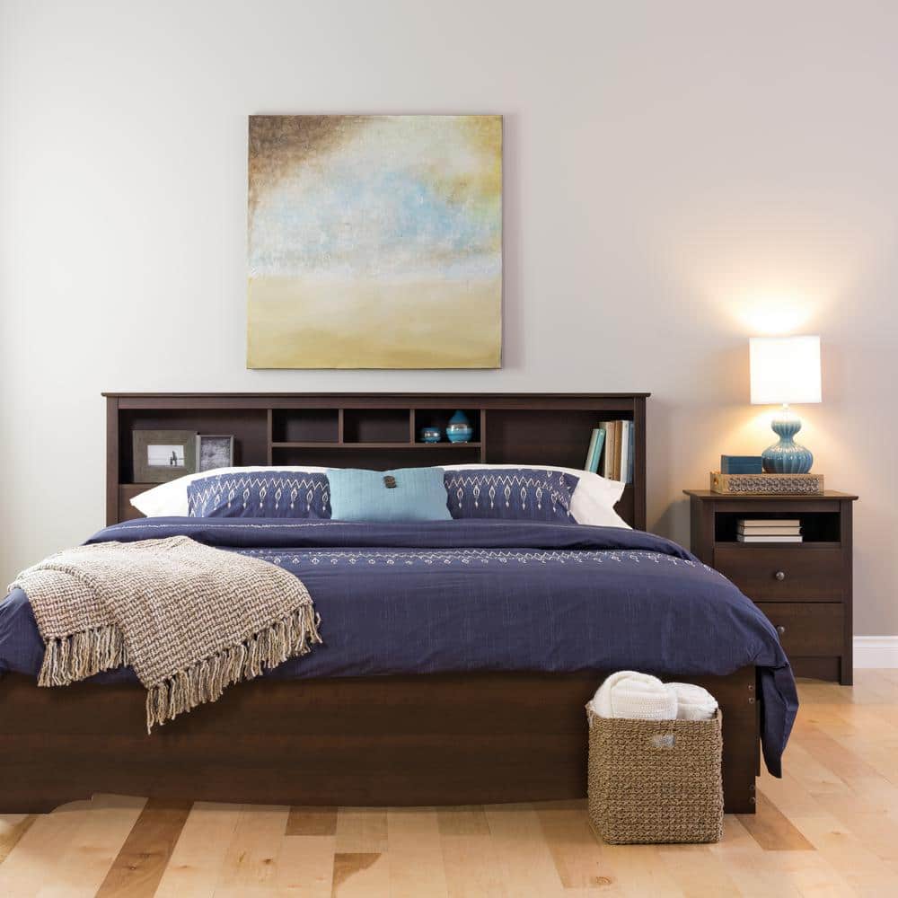 Espresso King Wood Bookcase Headboard with Storage