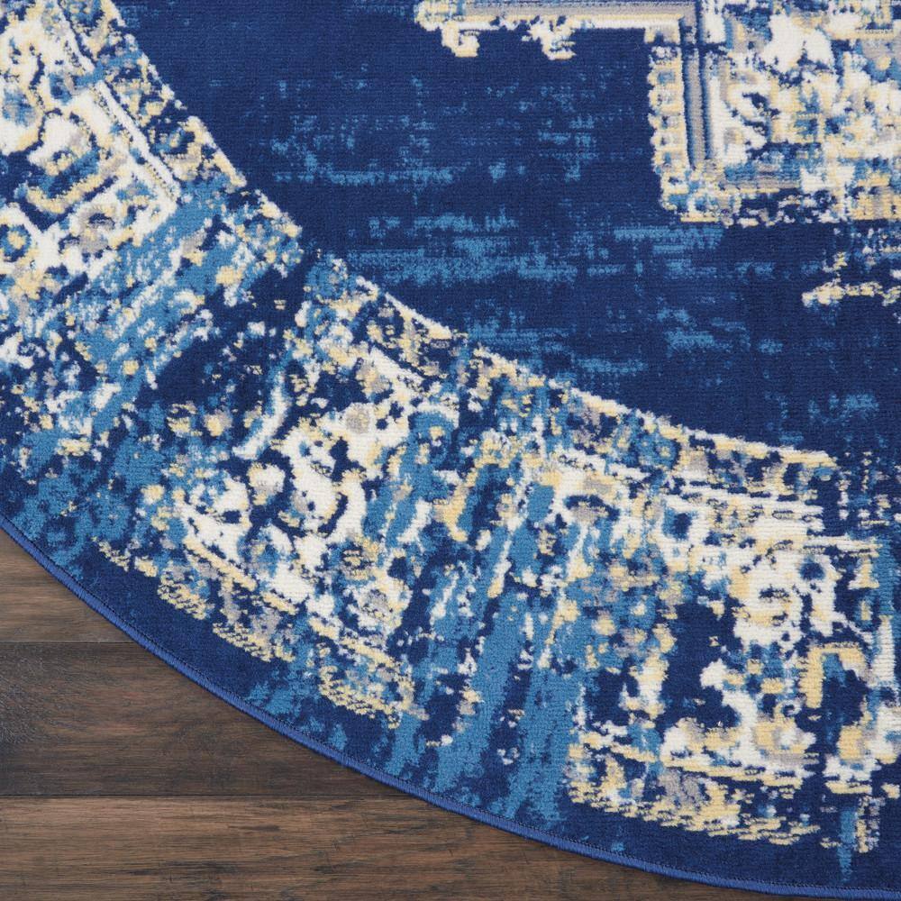 Navy Blue Medallion Round Synthetic Large Rug