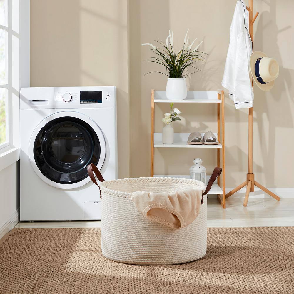 Extra Large Cream Cotton Rope Laundry Hamper with Leather Handles