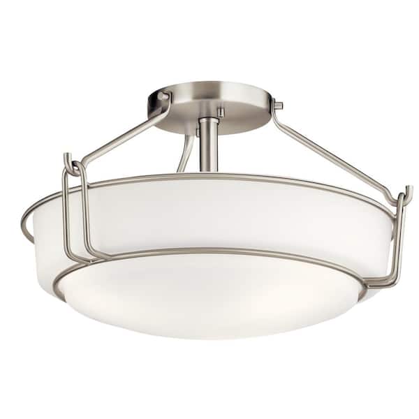 KICHLER Alkire 16.5 in. 3-Light Brushed Nickel Hallway Transitional Semi-Flush Mount Ceiling Light with Frosted Glass