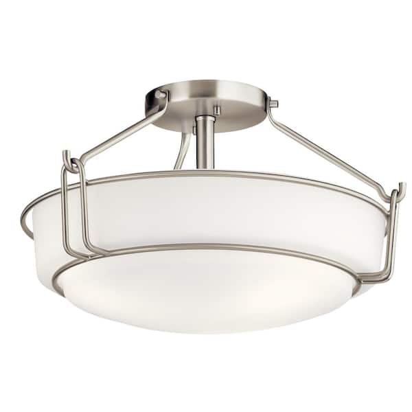 Alkire 16.5 in. 3-Light Brushed Nickel Hallway Transitional Semi-Flush Mount Ceiling Light with Frosted Glass