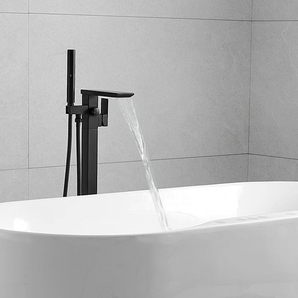 Matte Black Solid Brass Freestanding Tub Faucet with Handheld Shower
