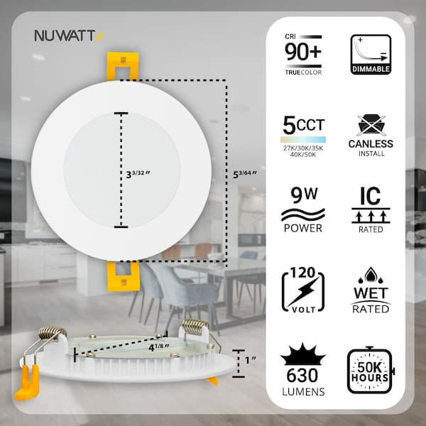 4 in. LED White Round New Construction IC Rated Slim Canless Integrated LED Recessed Light Kit 5 CCT Dimmable (6-Pack)