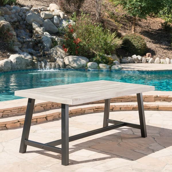 Outdoor Gray Sandblast Finish Acacia Wood Dining Table with Rustic Black Metal Frame